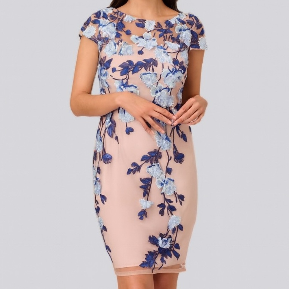 🆕🫐Adrianna Papell Blue Floral Embroidered Sheath Dress Blush Size 2 WeddingParty